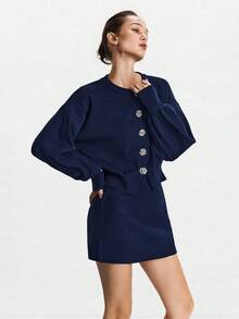 Lumivelle Women's Metal Flower Long Sleeve Single-Breasted Knit Cardigan And Versatile Mini Knit Skirt 2 Pieces Set Fall Winter Cloth For Women - Royal Blue - View 5