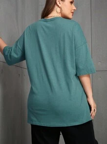 SHEIN LUNE 大码女式休闲纯色圆领T恤，夏季 - 水鴨藍 - 查看 2