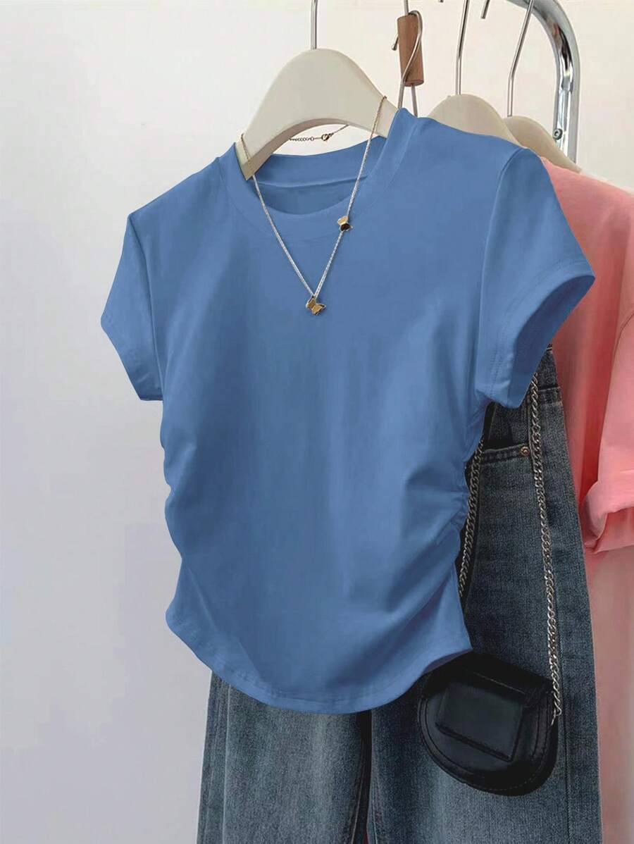 INAWLY 女士褶皱肩短袖T恤，修身剪裁，时尚百搭，春夏秋季新品 - 水鴨藍 - 查看 1