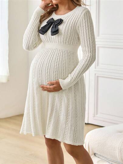 SHEIN Maternity Elegant Autumn Knitted Sweater Dress,Pregnant Women's Cable Pattern Long Sleeve Bowknot Decor Dress,Black And White Baby Shower Clothing