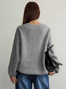 Dazy-Less Women's Loose Business Casual V-Neck Patchwork Pullover Sweater, Suitable For Commuting And Office Wear, Autumn/Winter - Grey - View 7