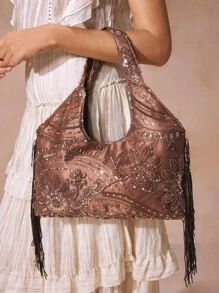 SHECARRY Fashionable Floral Sequin Decorated Tote Bag, Elegant For Daily Use - Coffee - View 3