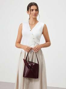 SHECARRY PU 皮革贴花单肩包，红色 - 咖啡 - 查看 7