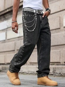 Manfinity EMRG Men's Casual Street Style Rivet Loose Slant Pocket Denim Jeans - Dark Grey - View 1