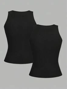 SHEIN EZwear 2 件黑色短款性感紧身吊带背心，适合夏季 - 黑色 - 查看 2