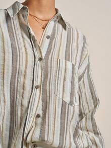 Airaco 女士休闲宽松条纹落肩长袖单排扣衬衫，秋季 - 彩色 - 查看 4