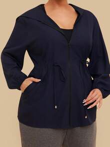 SHEIN VCAY 大码女式休闲户外露营夹克，带口袋和兜帽，运动装 - 黑色 - 查看 10