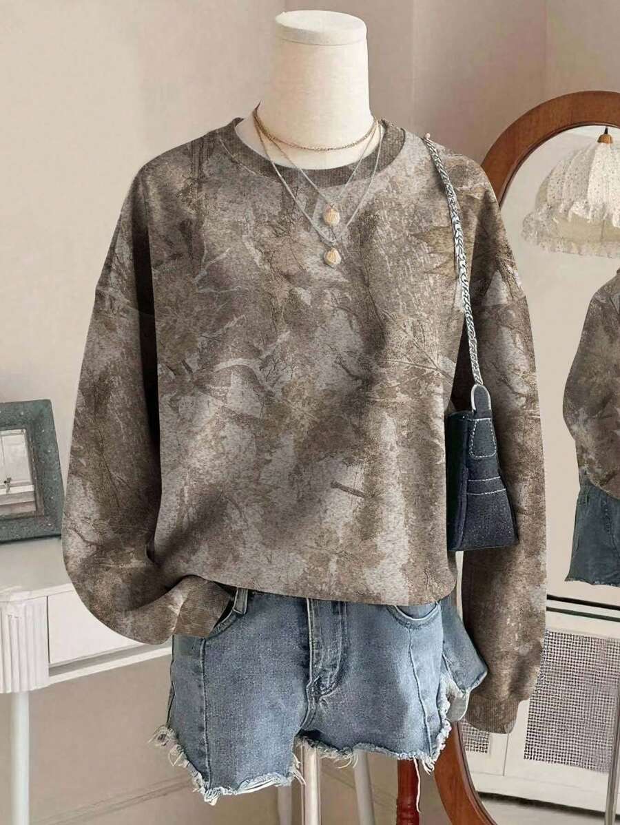 SHEIN Leaf Pattern Digital Print Fashionable Back-To-School Women's Drop Shoulder Crew Neck Sweatshirt Fall Cloth For Women - Multicolor - View 1