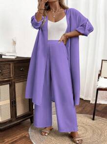 Linhara Plus-Size Ladies' Woven Leisure Vacation Summer Two Pieces Set - Purple - View 1