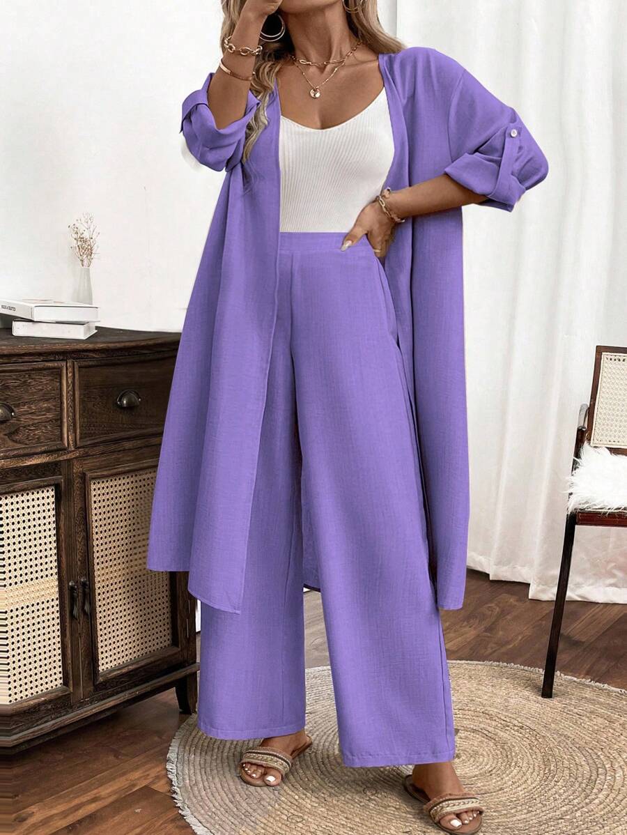 Linhara Plus-Size Ladies' Woven Leisure Vacation Summer Two Pieces Set - Purple - View 1