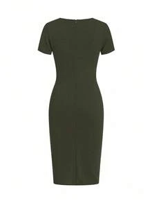 Ellevyn Elegant Women's Black Short Sleeved Patchwork PU Leather In Winter Zip Up Split Thigh Bodycon Dress - Army Green - View 2