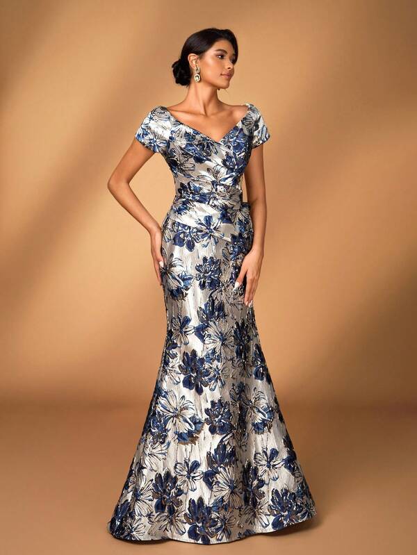 Serin 优雅奢华缎面提花美人鱼裙，适合婚礼、派对、度假、舞会、晚礼服、新娘母亲礼服