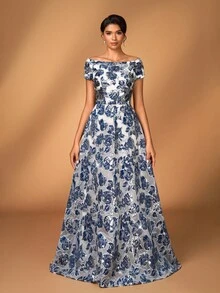 Serin 优雅奢华提花欧根纱露肩花卉长裙，适合婚礼、派对、度假、舞会、新娘和母亲的晚礼服 - 藏蓝色 - 查看 3