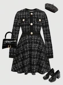 青少年女孩休闲简约舒适纽扣设计圆领长袖连衣裙 - 黑色 - 查看 7