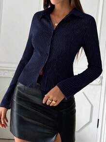 Almamuse 女式线条印花简约休闲长袖衬衫 - 寶藍色 - 查看 4