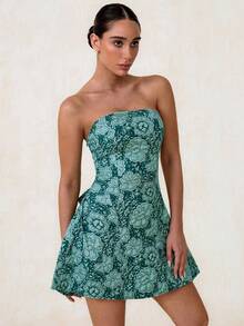 Glamine Gramin 女装粉色浪漫编织纹理立体花朵纹理露肩露背大蝴蝶结装饰可拆卸迷你抹胸A字下摆吊带连衣裙情人节爱情/恋人浪漫度假约会浪漫花朵面料