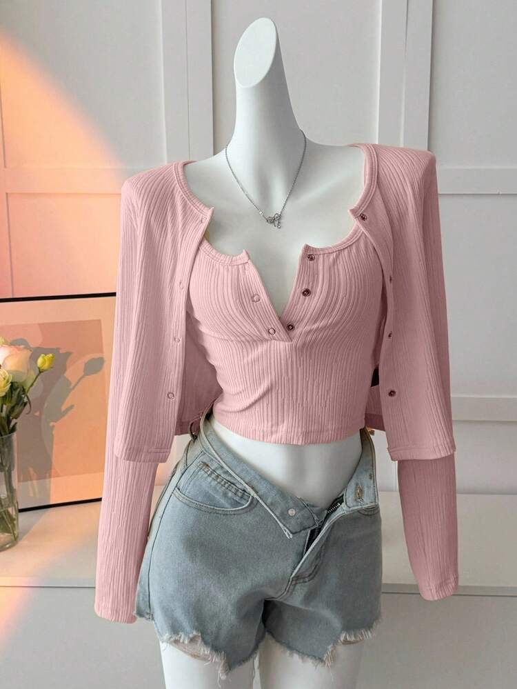 2pcs Women Cream Yellow Pastel Color Camisole & Cardigan T-Shirt Set, Suitable For Autumn & Spring Long Sleeve Top