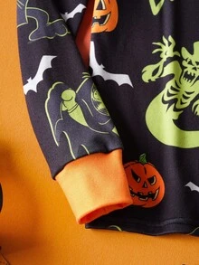 GARFIELD | SHEIN 青少年男孩黑色卡通蝙蝠猫和南瓜印花舒适睡衣套装，适合秋冬季节、万圣节 - 黑色 - 查看 4