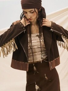 Easelle Áo khoác da lộn tua rua đinh tán cổ điển dành cho nữ - Nhiều màu - Xem 8