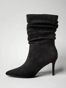 SHUZIA Women's Sexy Point Toe Stiletto Heel Faux Suede Mid-Calf Slouchy Boots - Black - View 6