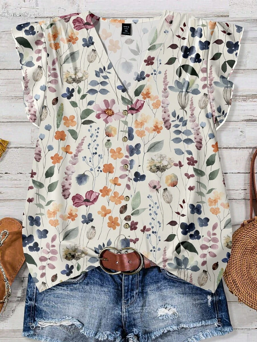 EMERY ROSE Áo cánh tay bồng bềnh thanh lịch cho kỳ nghỉ thường ngày cỡ lớn dành cho nữ, thiết kế tối giản phù hợp cho mùa hè, cài nút phía trước, họa tiết hoa nhỏ xinh, áo cánh sang trọng dành cho nữ vào mùa thu/đông - Nhiều màu - Xem 1