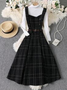 Franclia Plaid Buckle Strap Dress, Women's Jumper Dress - Black - View 3