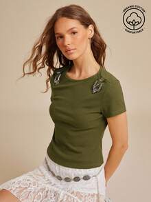 WESTFADE Rib Knit Crewneck Short Sleeve Cowgirl Buckle T-Shirt Summer Vacation Western Cowgirl Rodeo - Army Green - View 1