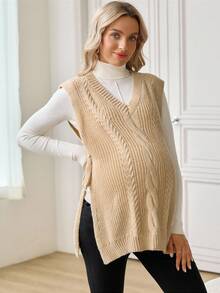 SHEIN Maternity Casual Solid Color Side Slit Knit Vest - Khaki - View 4