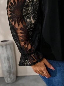 Plus Size Women Elegant Versatile Polo Collar Lace Jacquard Patchwork Blouse Fall Cloth For Women - Black - View 5