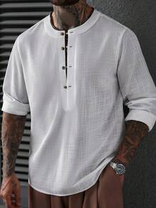 Manfinity CasualCool 白色竹节麻圆领半襟长袖套头衫 - 白色 - 查看 4