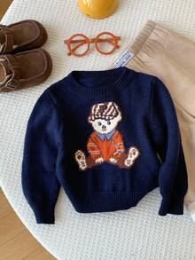 SHEIN 可爱男女宝宝卡通熊图案长袖海军蓝毛衣，休闲百搭，适合秋冬 - 彩色 - 查看 4