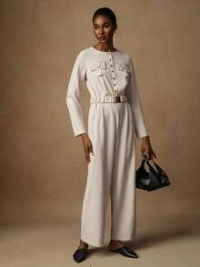 Lyxana Jumpsuit Wanita Elegan Warna Polos dengan Leher Bulat dan Gesper Logam, Pakaian Musim Gugur untuk Wanita - Aprikot - View 5