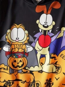 GARFIELD | SHEIN Tween Boy Cute Halloween Cartoon Graphic Long Sleeve Hooded Sweatshirt - Orange - View 4