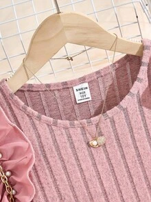 2pcs/Set Girls Elegant Pink Ruffled Pearl Decor Long Sleeve Ribbed Knit Top And PU Elastic Waist Skirt Set,Autumn Country Concert Outings Gatherings - Pink - View 10