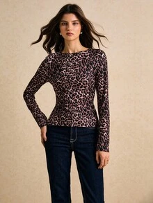 Poéselle Camiseta de mujer de moda con estampado de leopardo, parte delantera larga y parte trasera corta, top con estampado de guepardo, top para salir, nuevo año para mujeres, dinero viejo, elegante para mujeres, elegante para mujeres, otoño/invierno - Marrón - Ver 2
