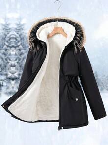 Girls' Detachable Faux Fur Collar Cinched Waist Parka Coat With Large Pockets, Suitable For Casual, Commute, School, Autumn/Winter Fall - Black - View 8