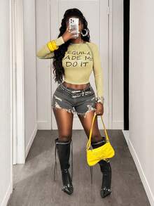 BamGleam Áo thun nữ cổ tròn tay raglan in khẩu hiệu, dáng ôm, cắt cúp - Màu vàng - Xem 3