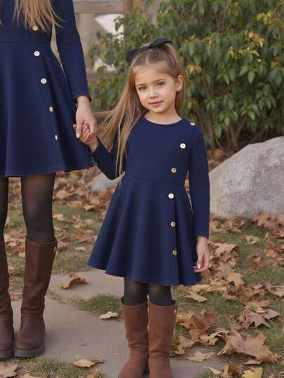 SHEIN Tween Girls Elegant Casual Round Neck Pullover Split Design Mid-Length Dress, Suitable For School, Daily Casual Wear, Autumn/Winter Toddler Girl Birthday Girl Mommy And Me Matching Halloween Back To School Autumn Fall Girls Navy Blue Dress Toddler Girl Navy Blue Dress Girls Long Sleeve Dress Girls Dress With Buttons Little Girl Navy Dress Girls Navy Dress Dark Blue Dress Kids Girls Dresses With Buttons Autumn Dress Kids Tween Girls Elegant Dark Blue Dress