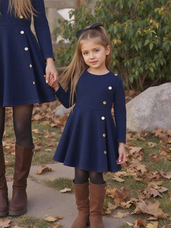 Emery Rose Kids Emery Rose Kids Young Girls' Elegant Casual Round Neck Pullover Split Design Mid-Length Dress, Suitable For School, Daily Casual Wear, Autumn/Winter Toddler Girl  Birthday Girl Mommy And Me Matching  Halloween Back To School Autumn Fall Girls Navy Blue Dress Toddler Girl Navy Blue Dress Girls Long Sleeve Dress Girls Dress With Buttons Little Girl Navy Dress Girls Navy Dress With Buttons Girls Dark Blue Dress Kids Navy Blue Dress Tween Girls Navy Dress Girls Button Dress Girls Dresses With Buttons Kids Navy Blue
