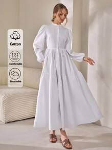 CLARA VERO 女士纯色梭织春夏外出装长裙纽扣衬衫裙灯笼长袖高领褶皱蓬蓬裙 - 白色 - 查看 1