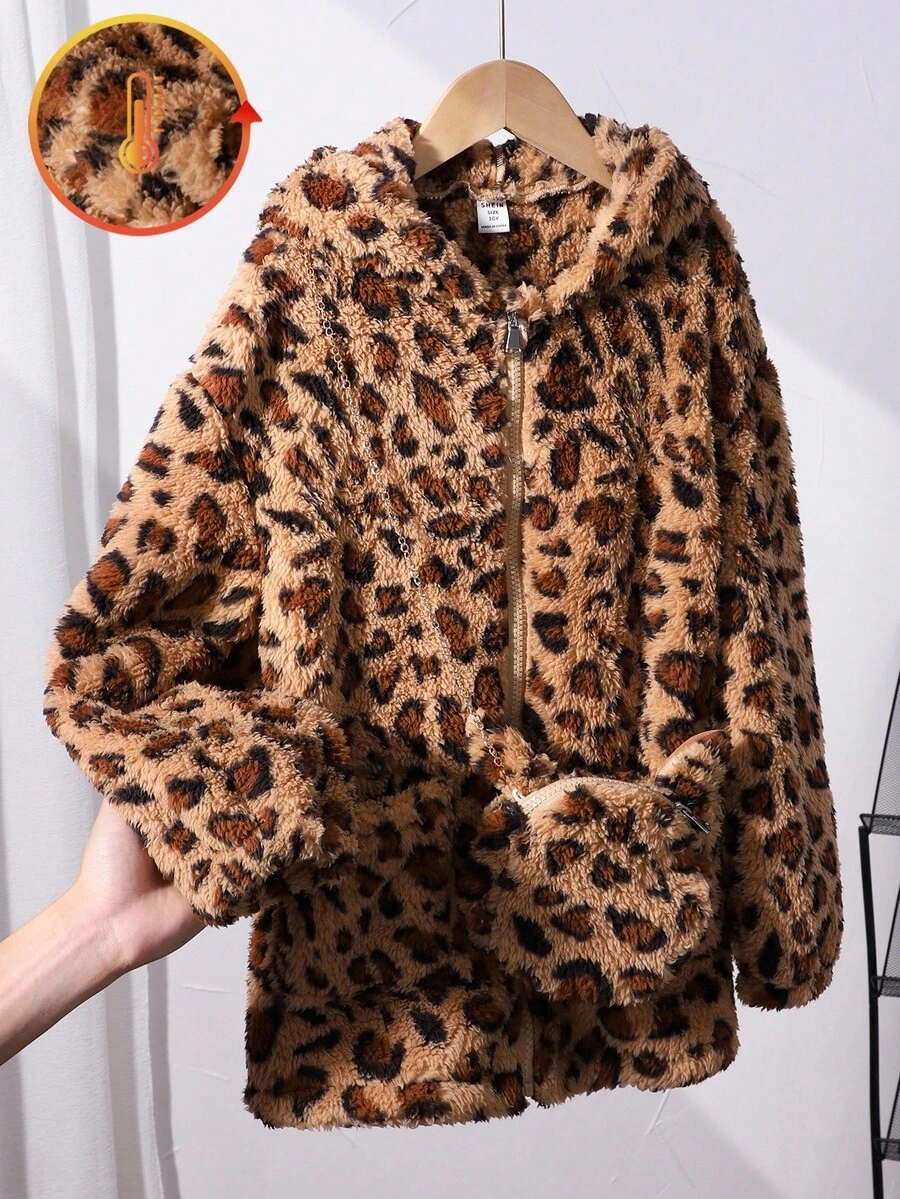Chaqueta con capucha de piel sintética con estampado de leopardo y mini bolsillo para niña preadolescente, otoño/invierno - Caqui - Ver 1