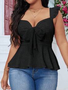 Elenzga Plus Size Solid Color Sleeveless Cropped Top, Minimalist & Fashionable, Suitable For Summer - Black - View 4