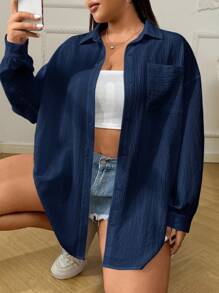 SHEIN EZwear 大尺碼女款休閒百搭海軍藍襯衫，秋季 - 藏蓝色 - 查看 1