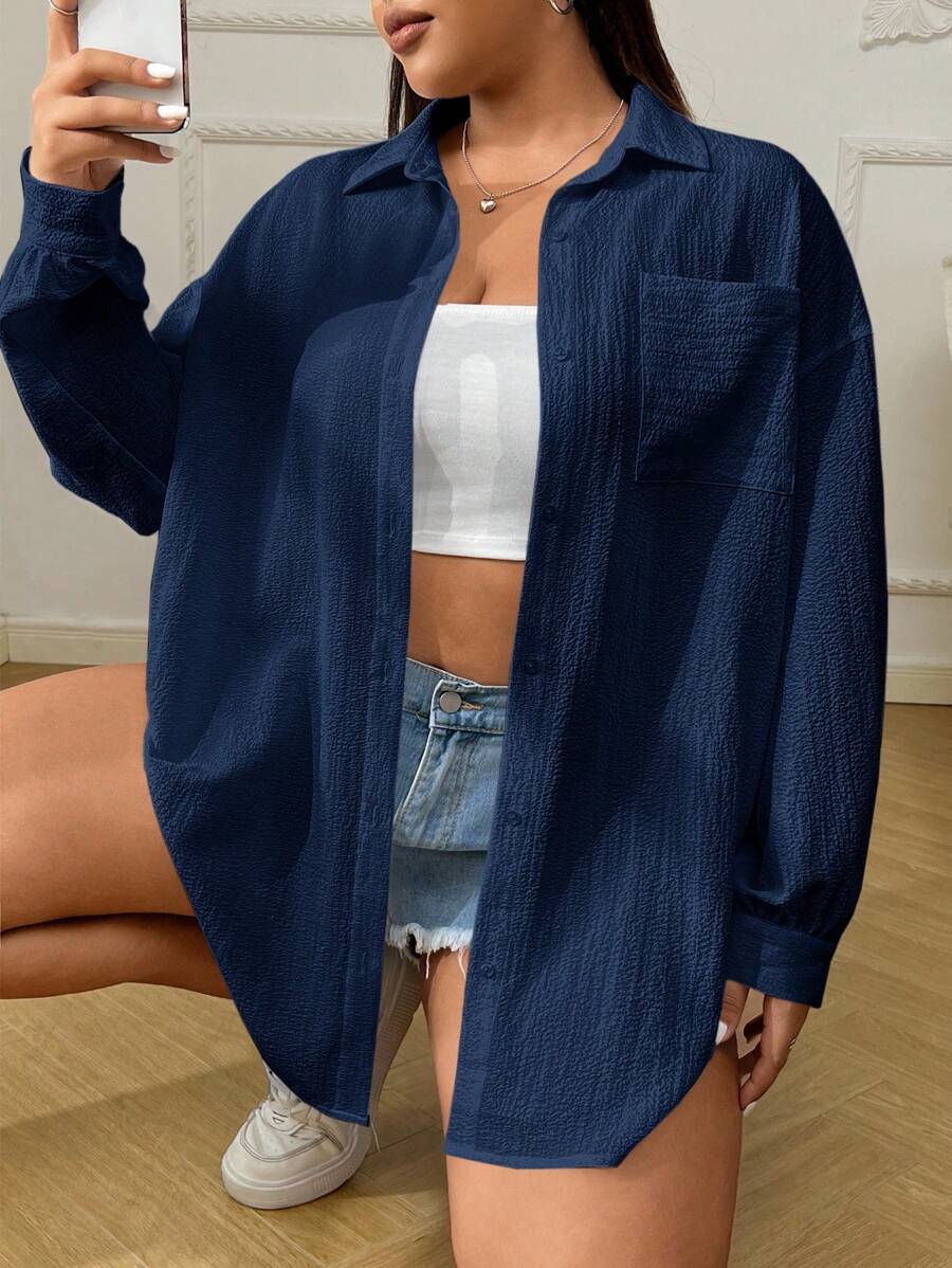 SHEIN EZwear 大尺碼女款休閒百搭海軍藍襯衫,秋季 - 藏蓝色 - 查看 1