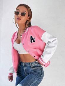 Flirla Chaqueta de estilo universitario de color contrastante para mujer, de manga larga - Rosa - Ver 1