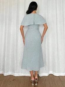 Feyla 女士优雅通勤纯色系带中长连衣裙 - 霧霾藍 - 查看 3