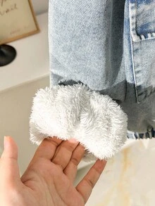 SHEIN Tween Girl Oversized Washed Loose Elastic Waist Denim Jacket And Coat, Patch Pockets, Thermal Lined, Casual And Comfortable For Autumn/Winter Fall - Light Wash - View 4