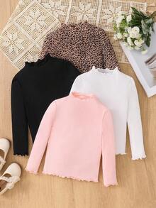 Emery Rose Kids Emery Rose Kids Tânără fată, preadolescentă, fată tânără, drăguță și frumoasă. Set 4 buc. Tricou tricotat cu imprimeu leopard și culoare solidă, guler fals, salată verde, versatil, excelent pentru ținute casual de zi cu zi și pentru școală în toamna și iarna, primăvara, înapoi la școală. - Multicolor - Vizualizare 2