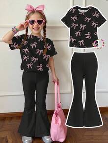 SHEIN Happikins 2pcs/Set Young Girl Casual Minimalist Pink Leopard Print Bow Decor Round Neck Short Sleeve Top And Flare Pants Outfit, Suitable For Summer