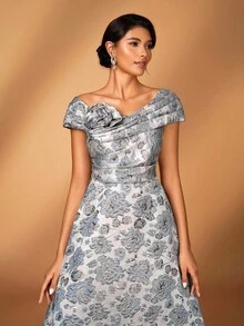 Serin Váy chữ A bằng vải satin jacquard họa tiết hoa 3D trễ vai sang trọng, thanh lịch, thích hợp cho đám cưới, tiệc tùng, kỳ nghỉ, vũ hội, váy dạ hội cho mẹ cô dâu - Xám - Xem 6